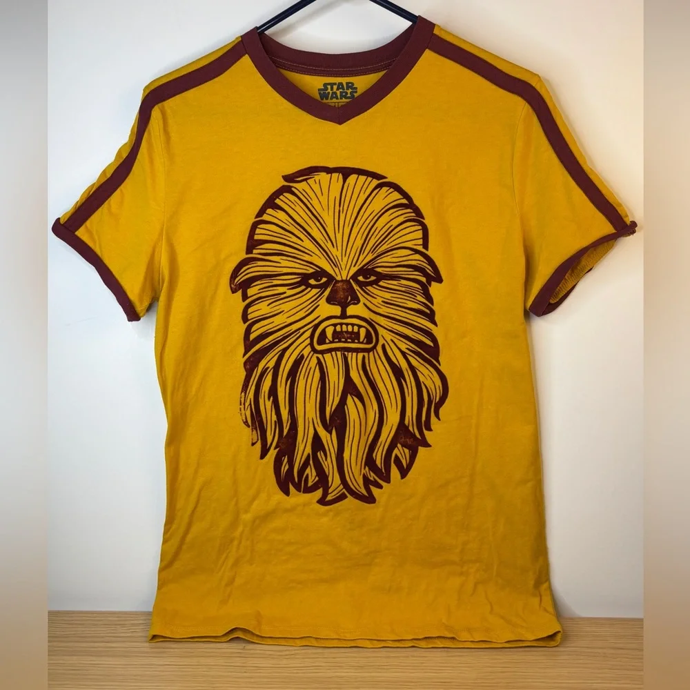 Star Wars‎ T-Shirt Chewbacca Ringer Graphic V-Neck Small Yellow Maroon Fifth Sun